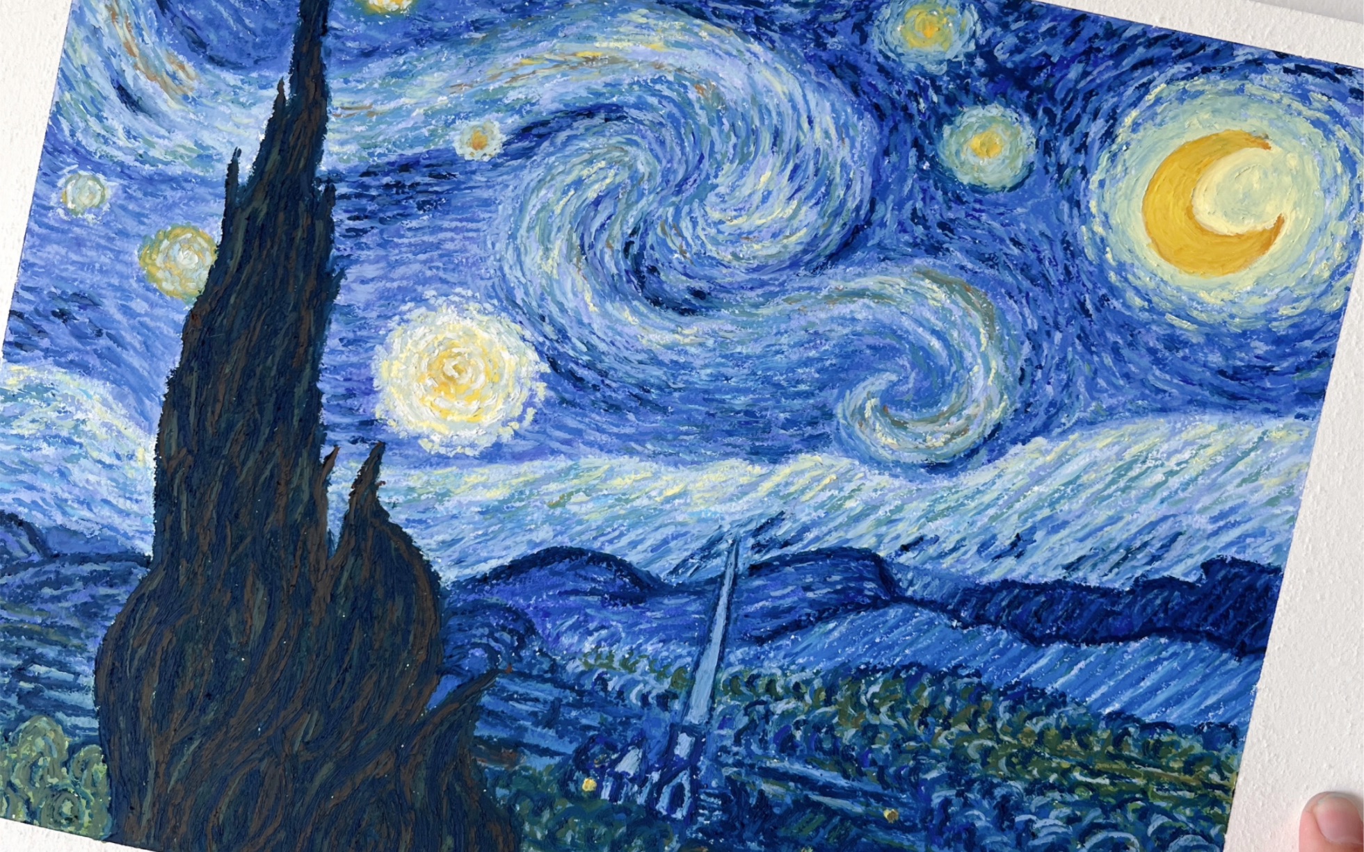 油画棒临摹梵高星月夜,线条笔触绘制的流动星空