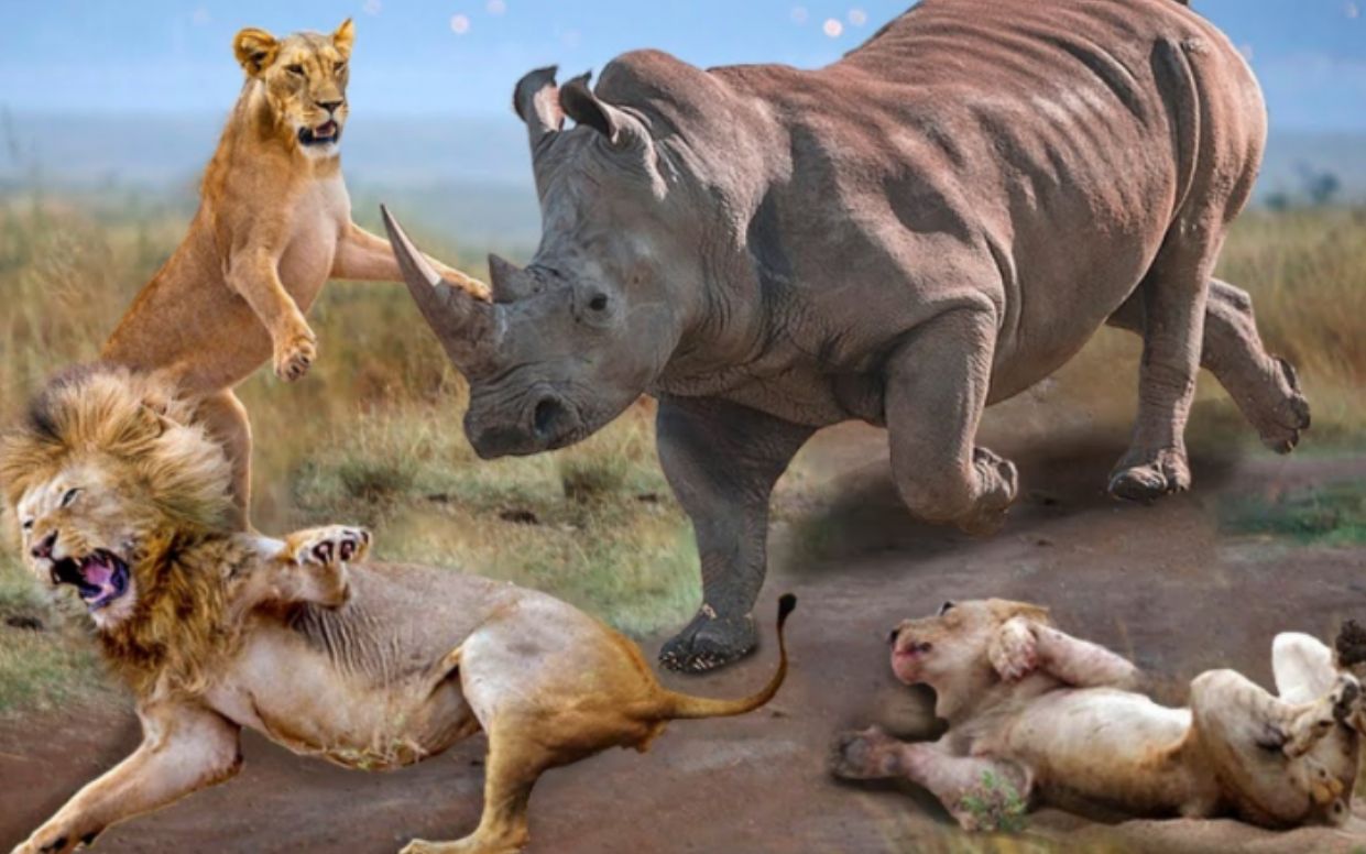 狮子看到犀牛身陷泥潭,就打算趁虚而入,没想到犀牛突然上了岸!
