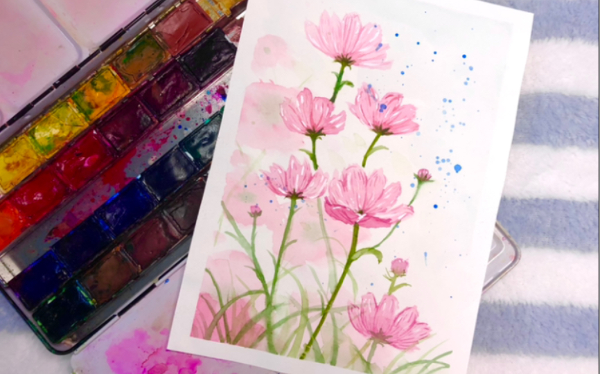 水彩花卉/简单新手脱稿水彩——波斯菊