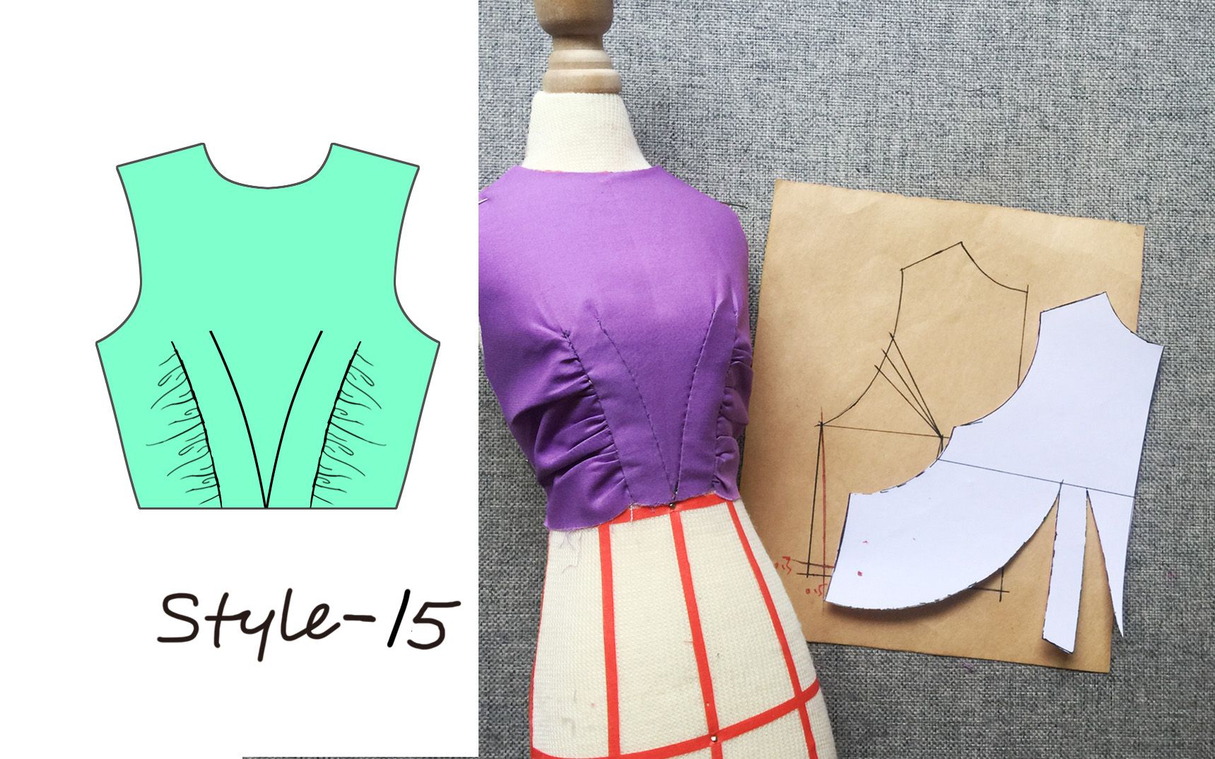 服装打版,省道转移,侧缝抽褶,款式 15