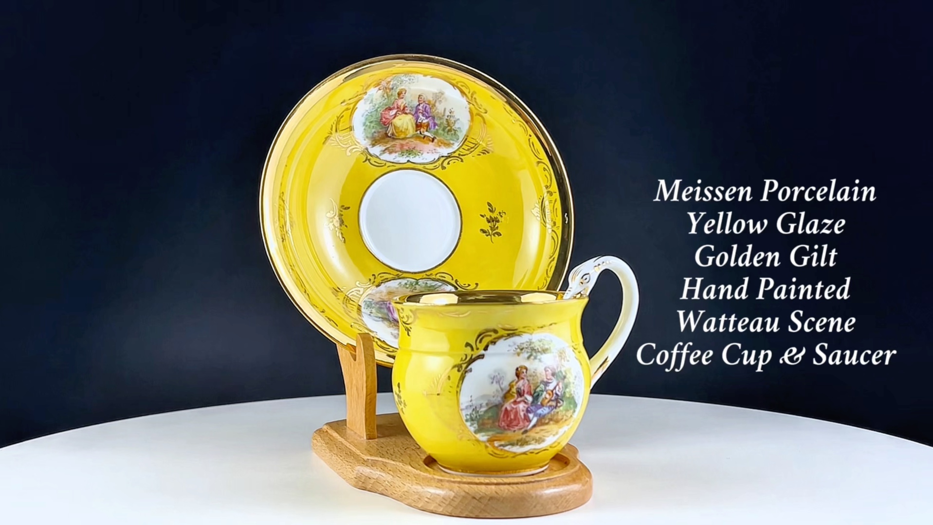 【瓷器】德国梅森瓷器 黄釉描金四开窗华托人物画片 鹅颈咖啡器 一杯