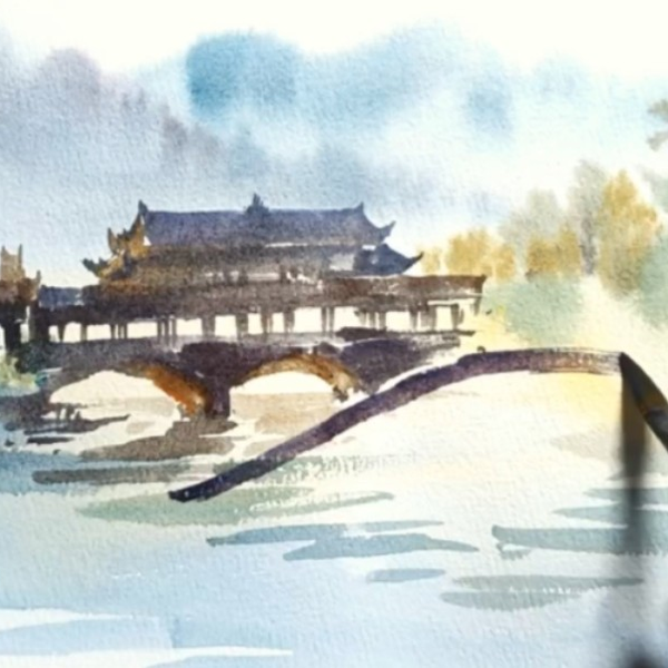 古城水彩画 古い建物と爽やかな空気 ／ 鳥取県・御来屋駅 【透明水彩風景画