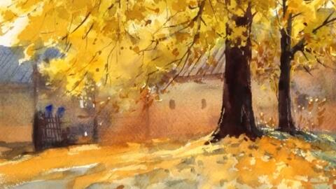 水彩风景 如何画金黄色的树 水彩画家风景画演示过程 哔哩哔哩