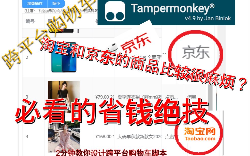 如何用tampermonkey设计跨平台购物车,无障碍比较淘宝与京东商城的宝贝哔哩哔哩bilibili