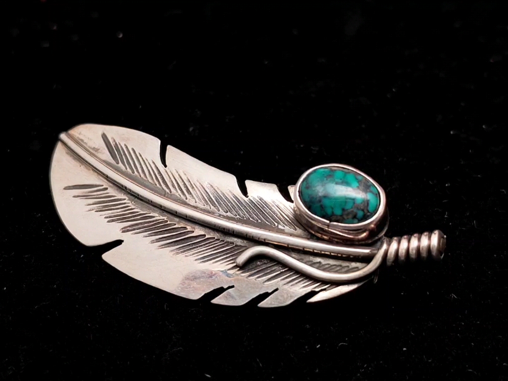 印第安银饰纳瓦霍手工松石羽毛银制胸针!