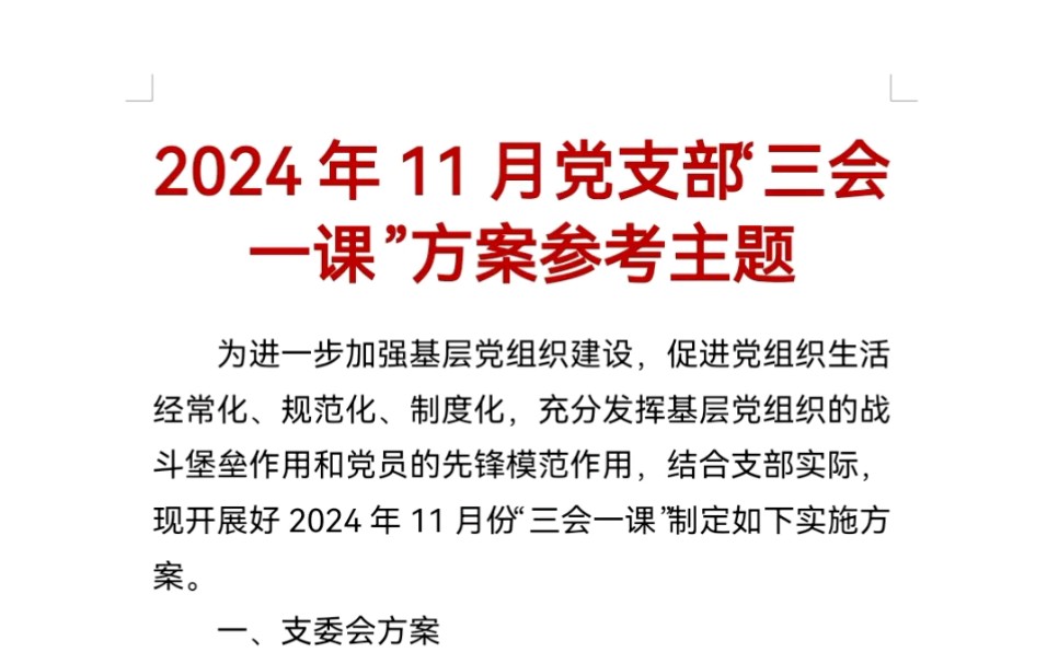 2024年11月党支部“三会一课”方案参考主题哔哩哔哩bilibili