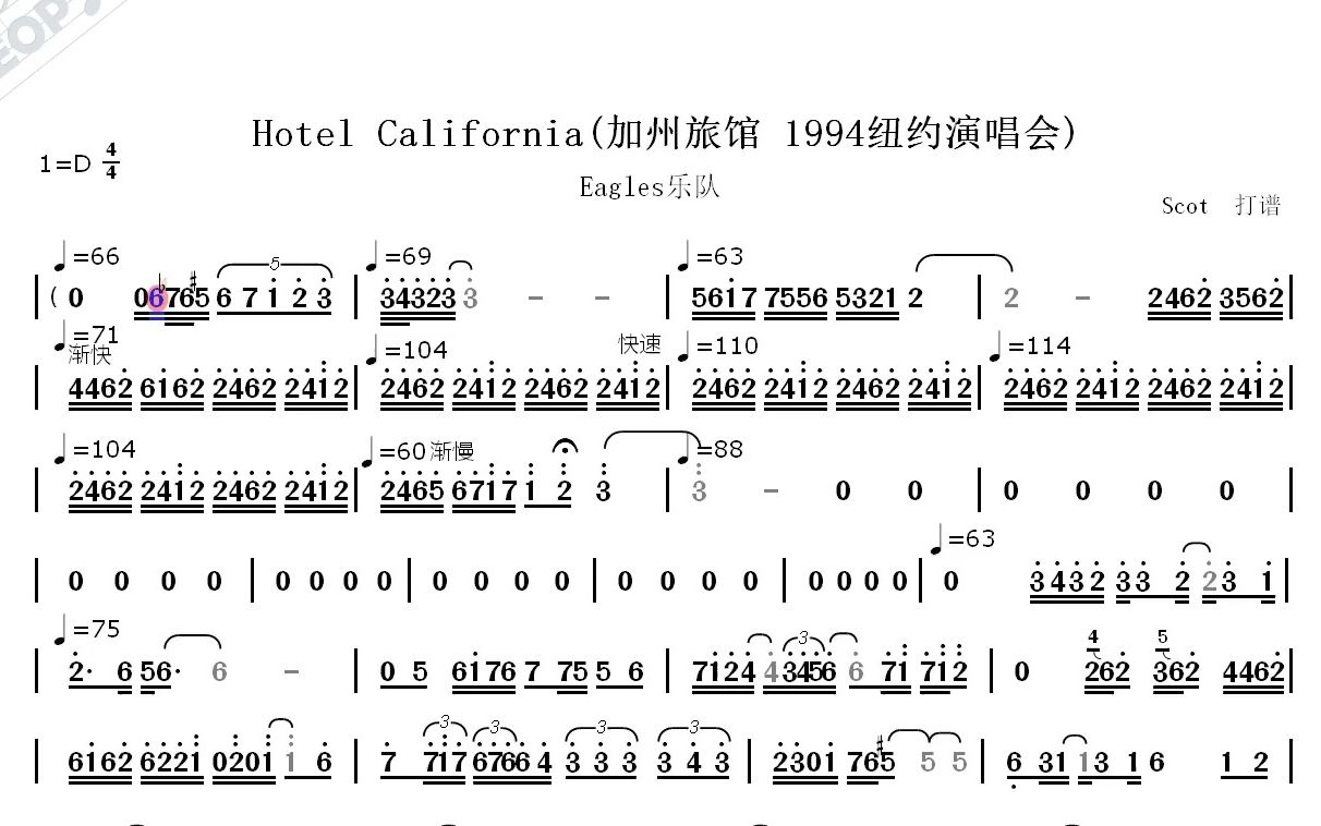 Hotel California(加州旅馆 1994纽约演唱会)Eagles乐队动态简谱哔哩哔哩bilibili