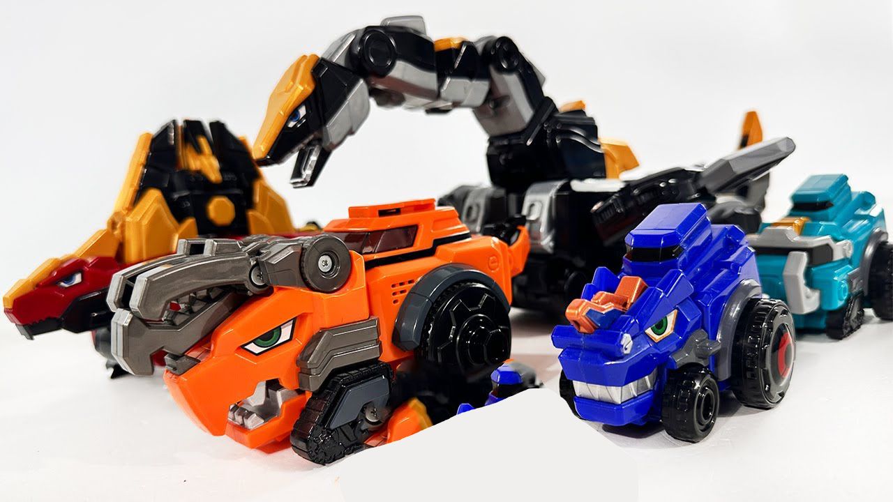 全新恐龙战队变形汽车玩具开箱:5款恐龙合体怎么合体变身机器人