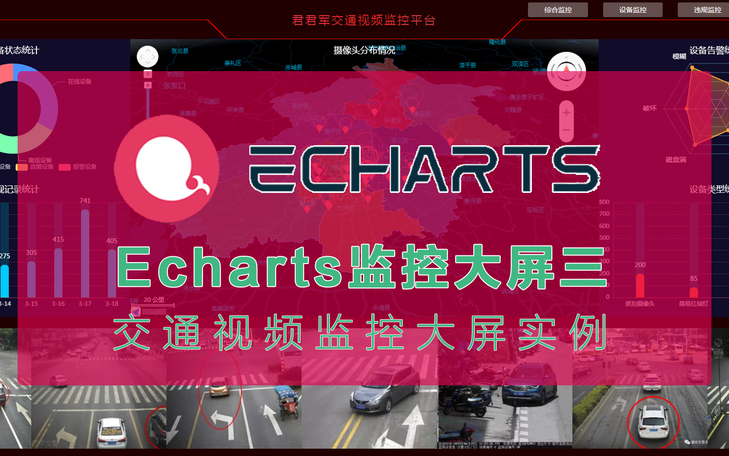 Vue+Echarts监控大屏实例三:交通违规监控模板实例哔哩哔哩bilibili