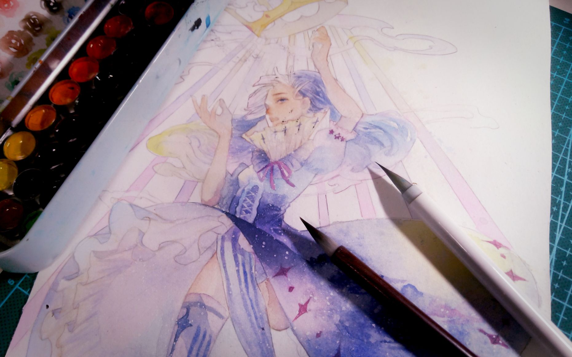 水彩画一个从天而降的少女