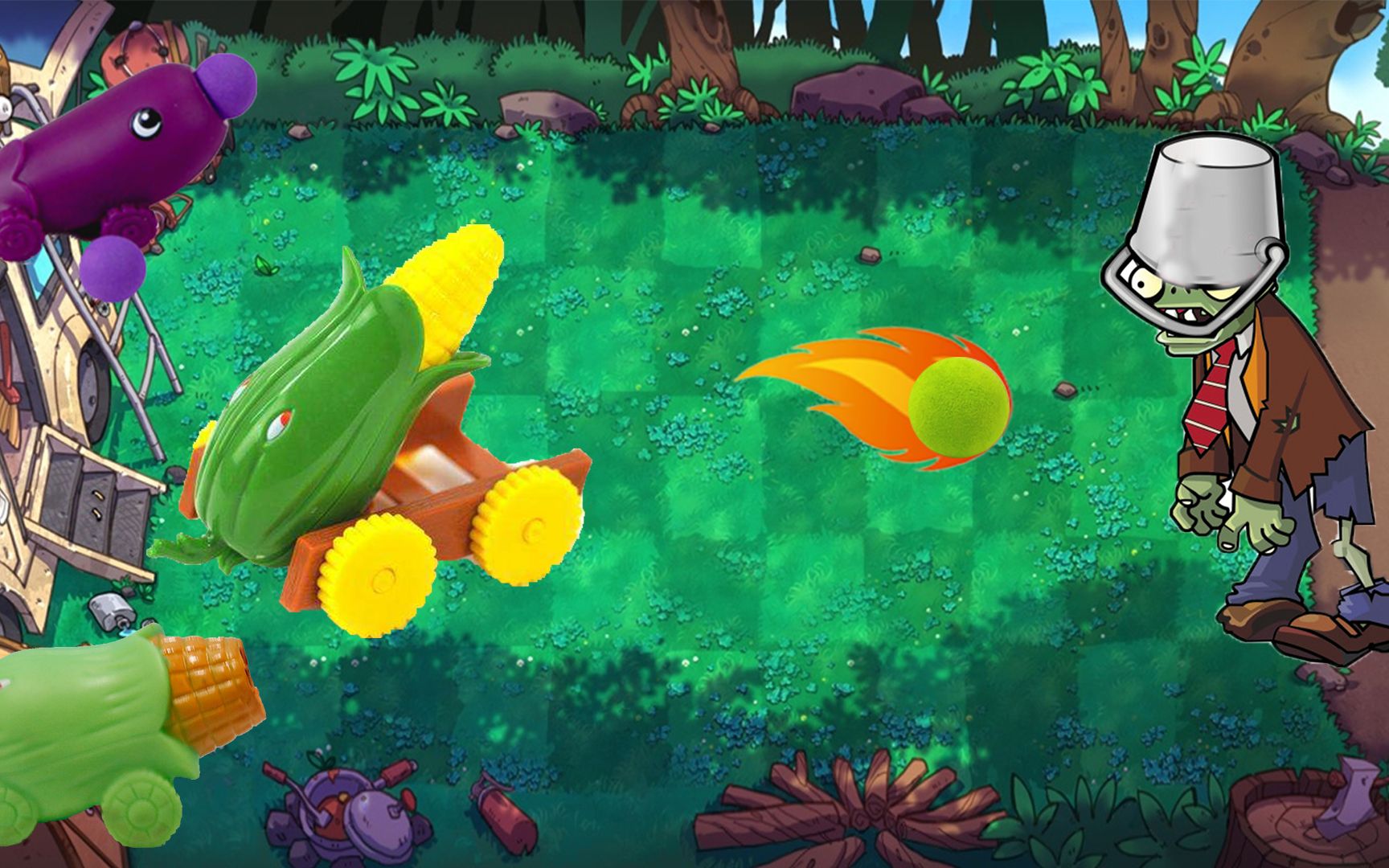 植物大战僵尸玩具,茄子炮遇僵尸,玉米加农炮大战铁桶僵尸