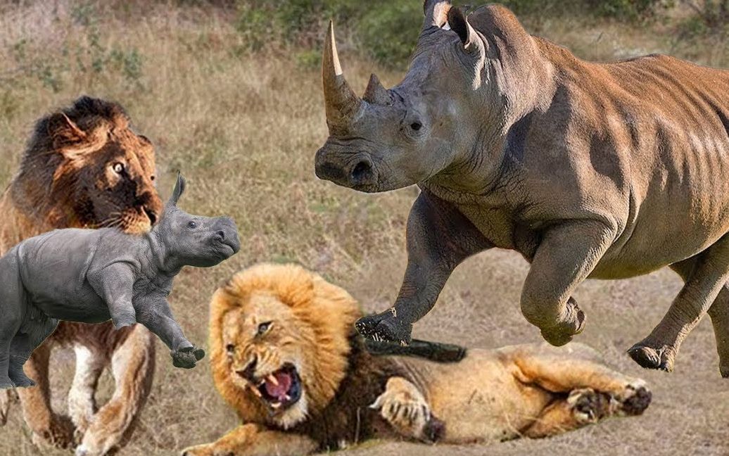 狮子惹怒犀牛,被犀牛追着顶,犀牛真把自己当王了?