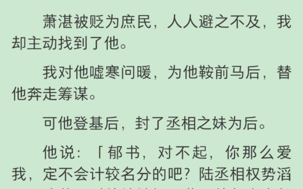 【完结】萧湛被贬为庶民,人人避之不及,我却主动找到了他.我对他嘘寒问暖,为他鞍前马后,替他奔走筹谋.可他登基后,封了丞相之妹为后.他说:...