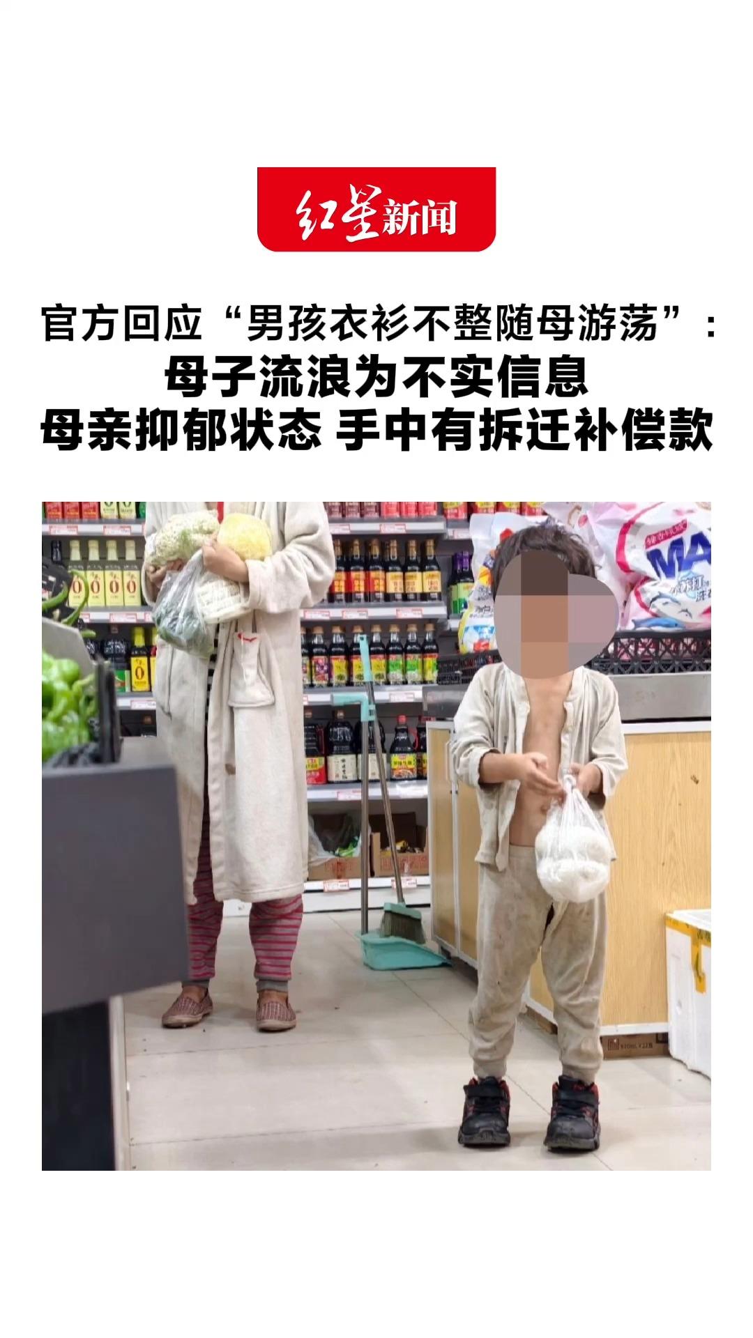 官方回应“男孩衣衫不整随母游荡”： 母子流浪为不实信息 母亲抑郁状态 手中有拆迁补偿款 已联系亲属劝其接受诊疗