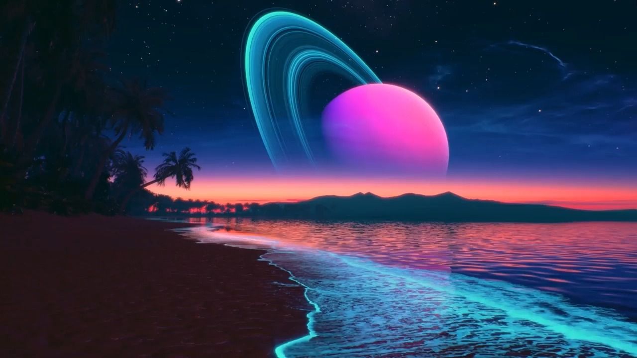 夜晚大海海平面夜空大圆月亮云朵天空云海流动星星粒子闪耀唯美意境