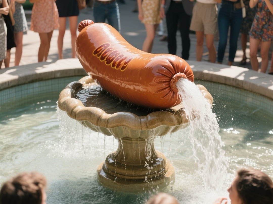 香肠喷水池,从香肠的头喷出来的水,很多人都非常开心