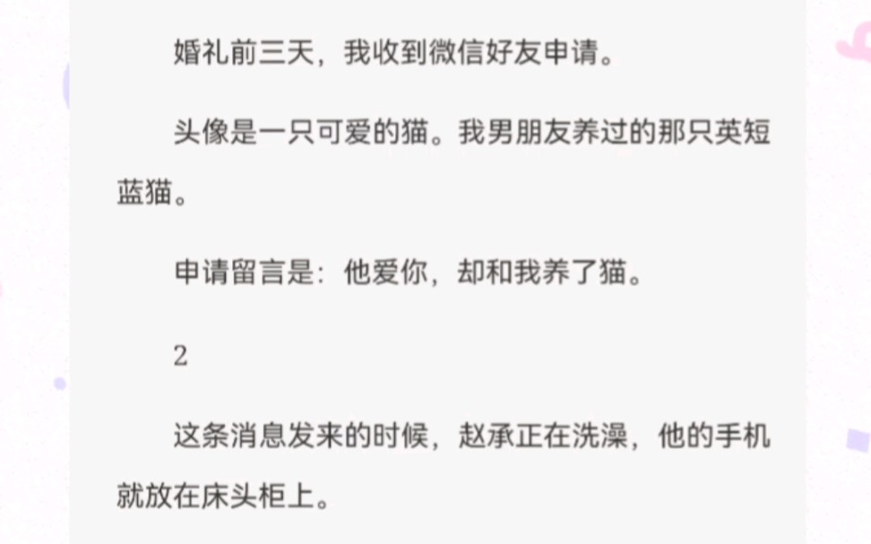 婚礼前三天,我收到微信好友申请.头像是一只可爱的猫.我男朋友养过的那只英短蓝猫.申请留言是:他爱你,却和我养了猫.哔哩哔哩bilibili