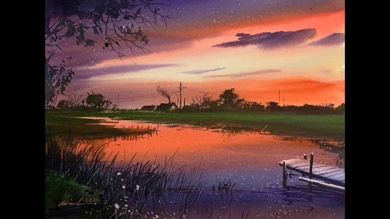 水彩画风景-平静的河流