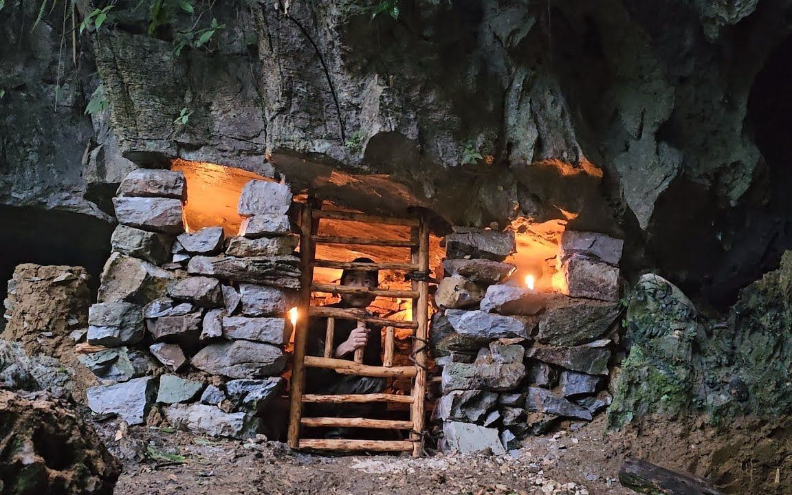 在洞穴中建造石屋避难所.