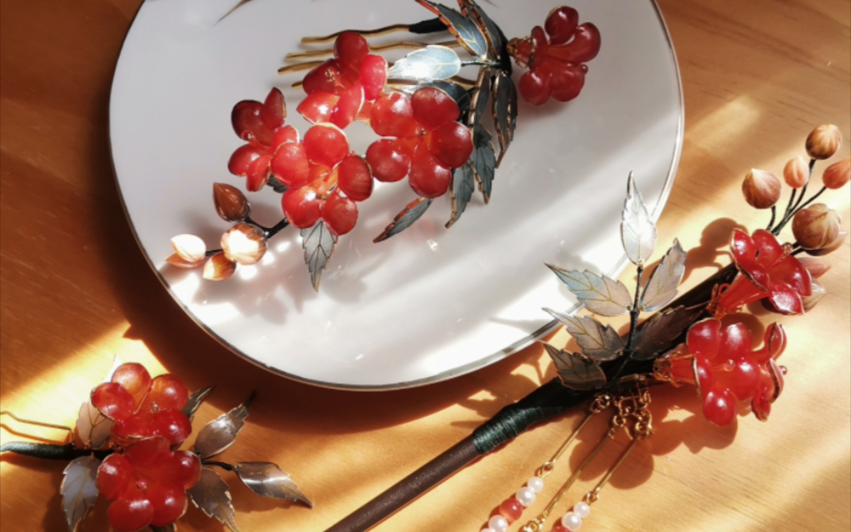 手工热缩一组凌霄花汉服发簪原创设计古风头饰热缩片