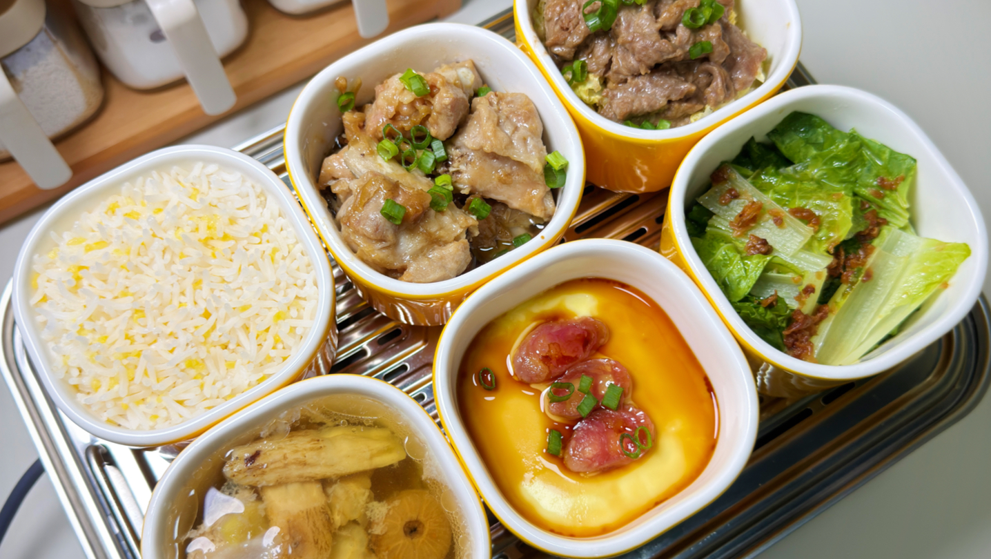 一人食Vlog｜四菜一汤一锅出的健康饮食；今日伙食:肉末元汽汤+腊肠水蒸蛋+蒸排骨娃娃菜蒸牛肉+青菜