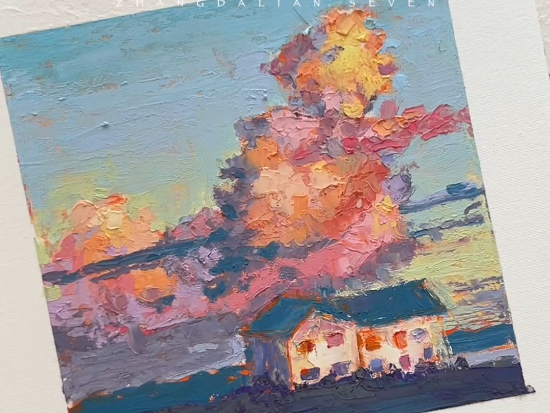 云下小屋油画棒绘画过程