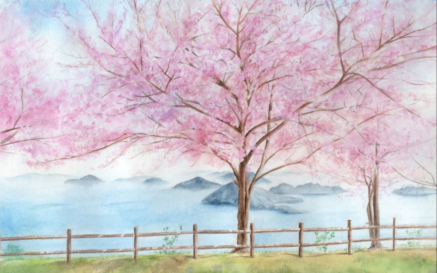 【水彩】日系手绘樱花树