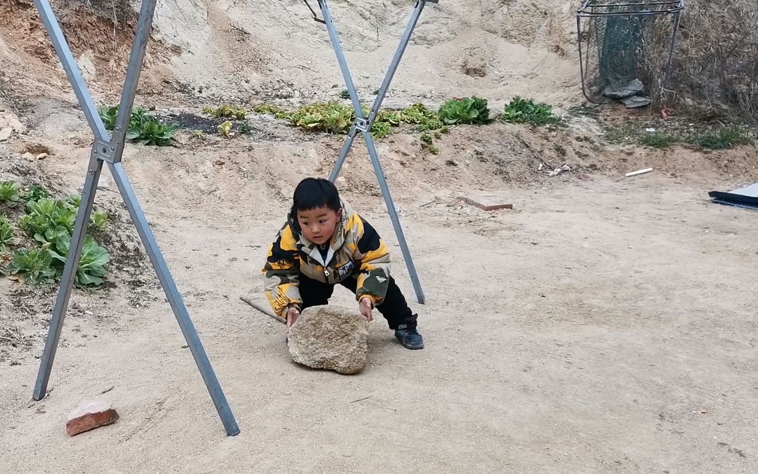 农村小孩在家玩耍,为了把坑填住,用尽所有力气搬一块大石头,还喊小姑