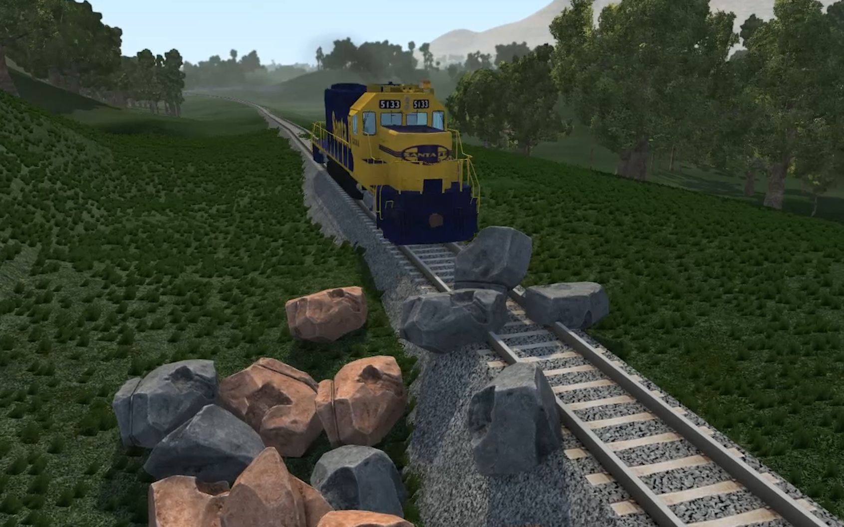 beamng模拟火车事故铁轨上摆上石头火车撞上后脱轨