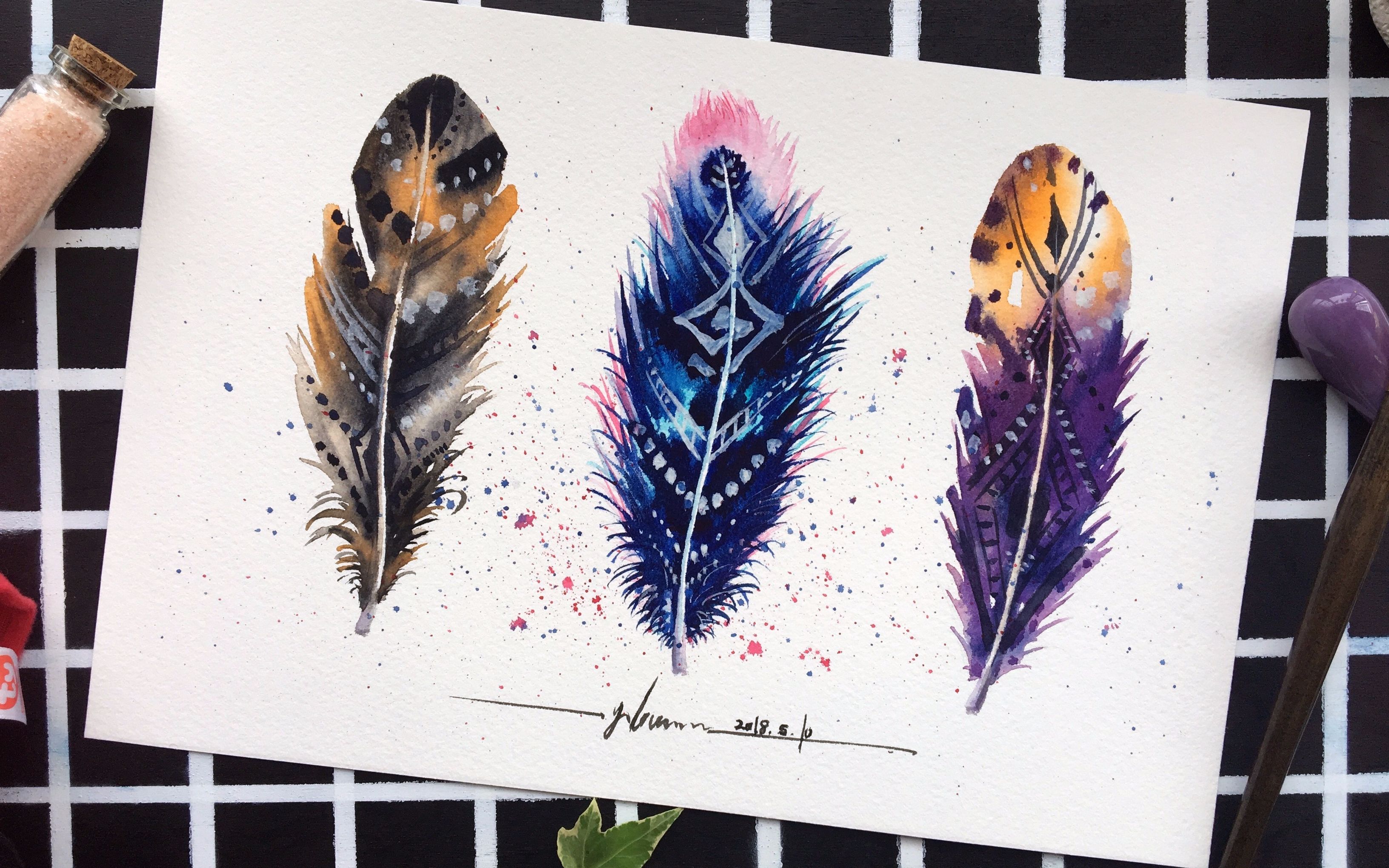 【水彩教程】水彩超简单唯美羽毛手绘过程_哔哩哔哩 (゜-゜)つロ 干杯