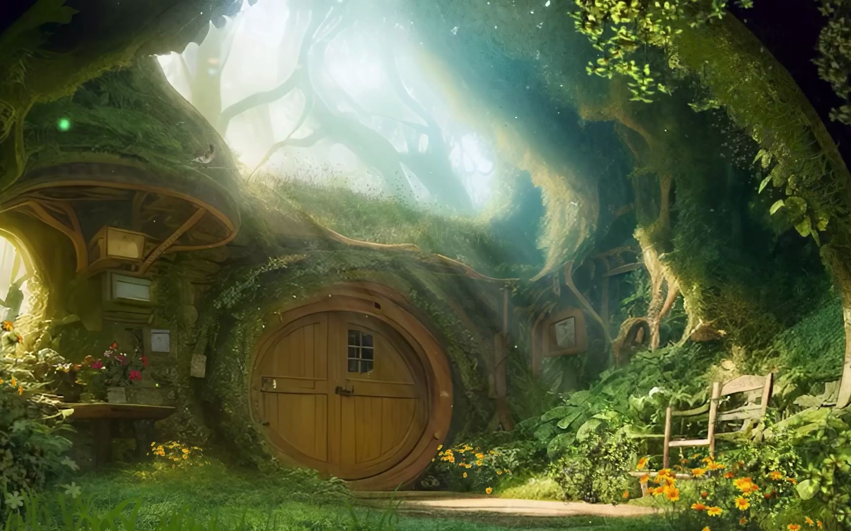 森林霍比特人的家园和柔和的音乐,自然的声音 柔和的阵雨