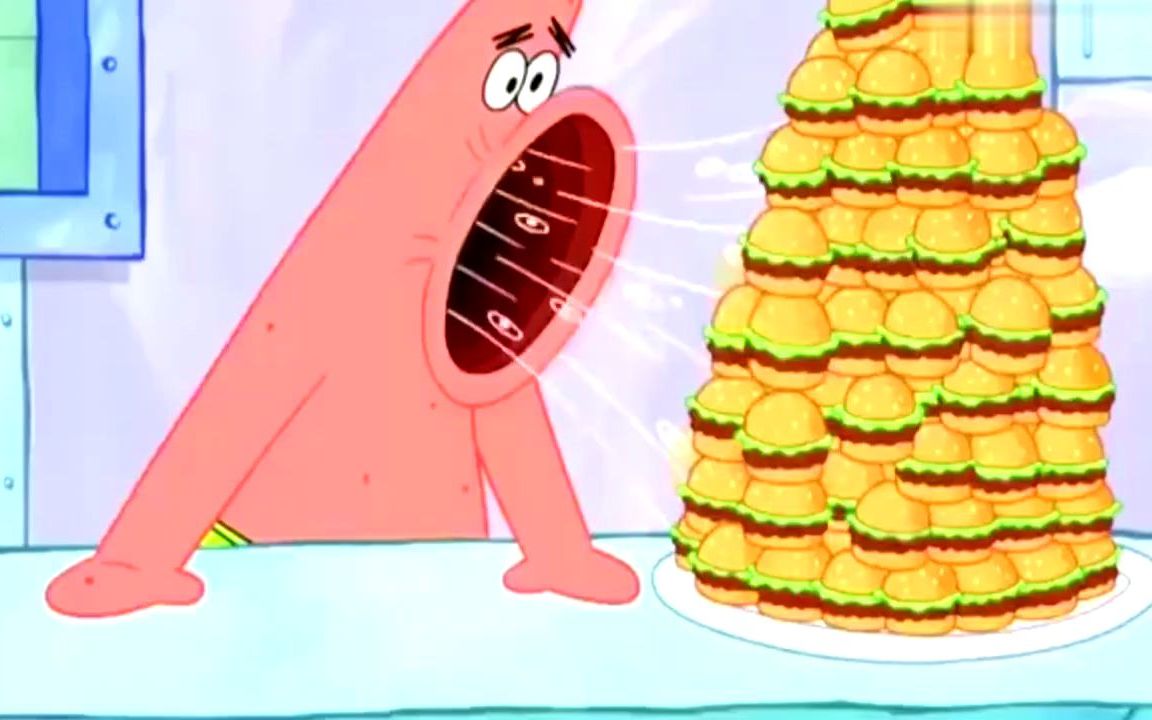 比赛吃汉堡,派大星张大嘴就像吸尘器一样,勇夺第一!