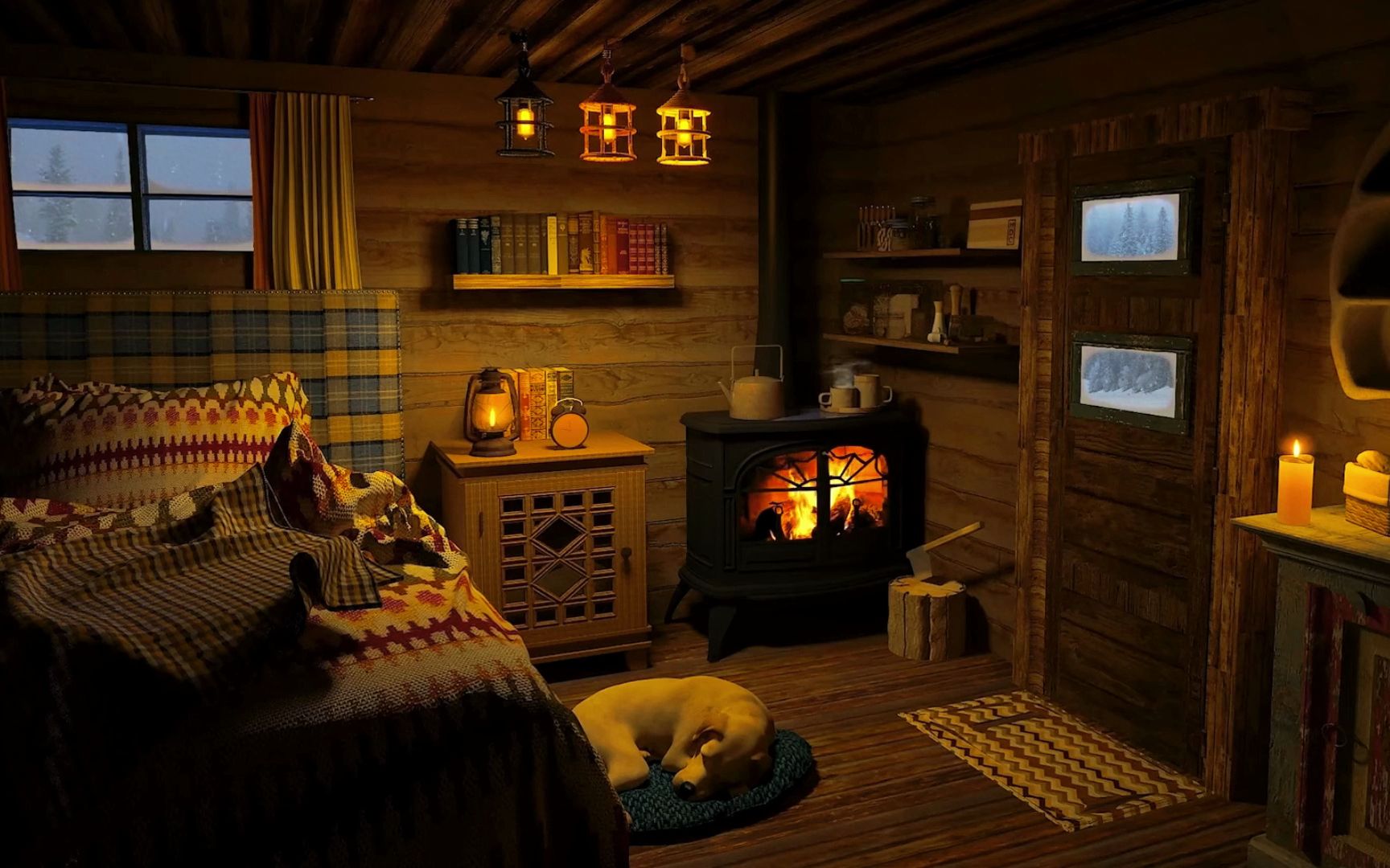 在暴风雪天的温暖小屋,聆听风雪和壁炉声,放松助眠学习氛围