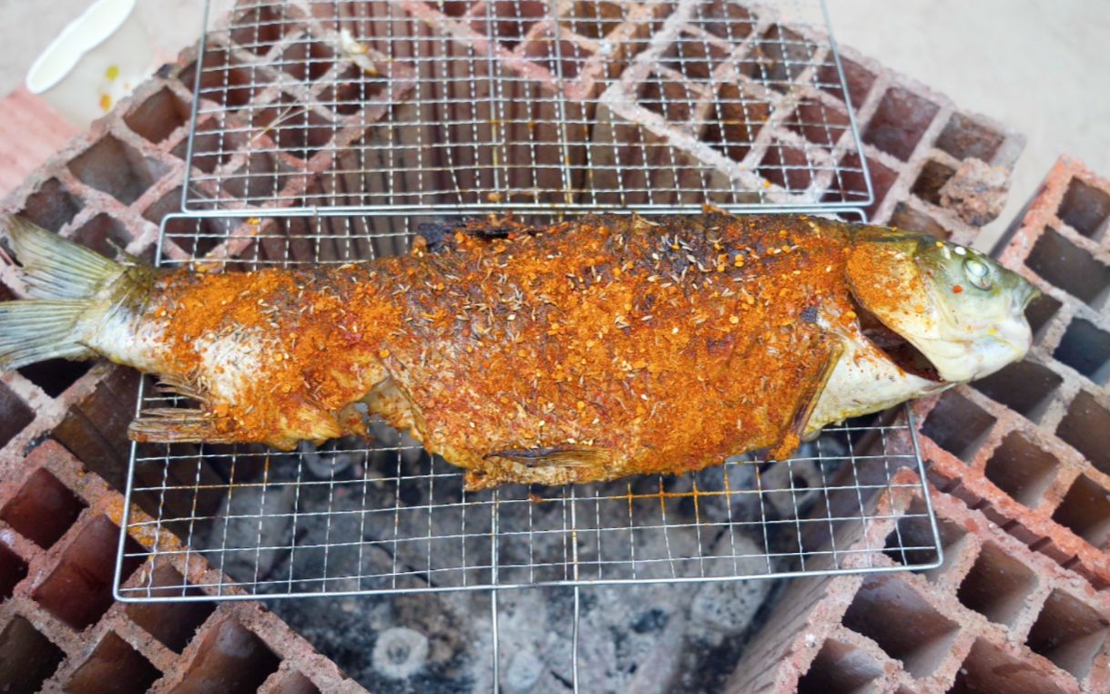 用竹筒烤鱼差点翻车,夫妻俩今天用木炭烤鱼,鱼皮香脆鱼肉鲜美