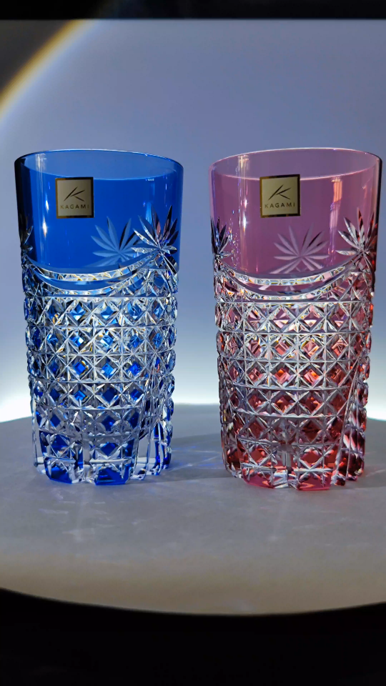 kagami高身八角笼目纹水晶杯(红蓝套色)