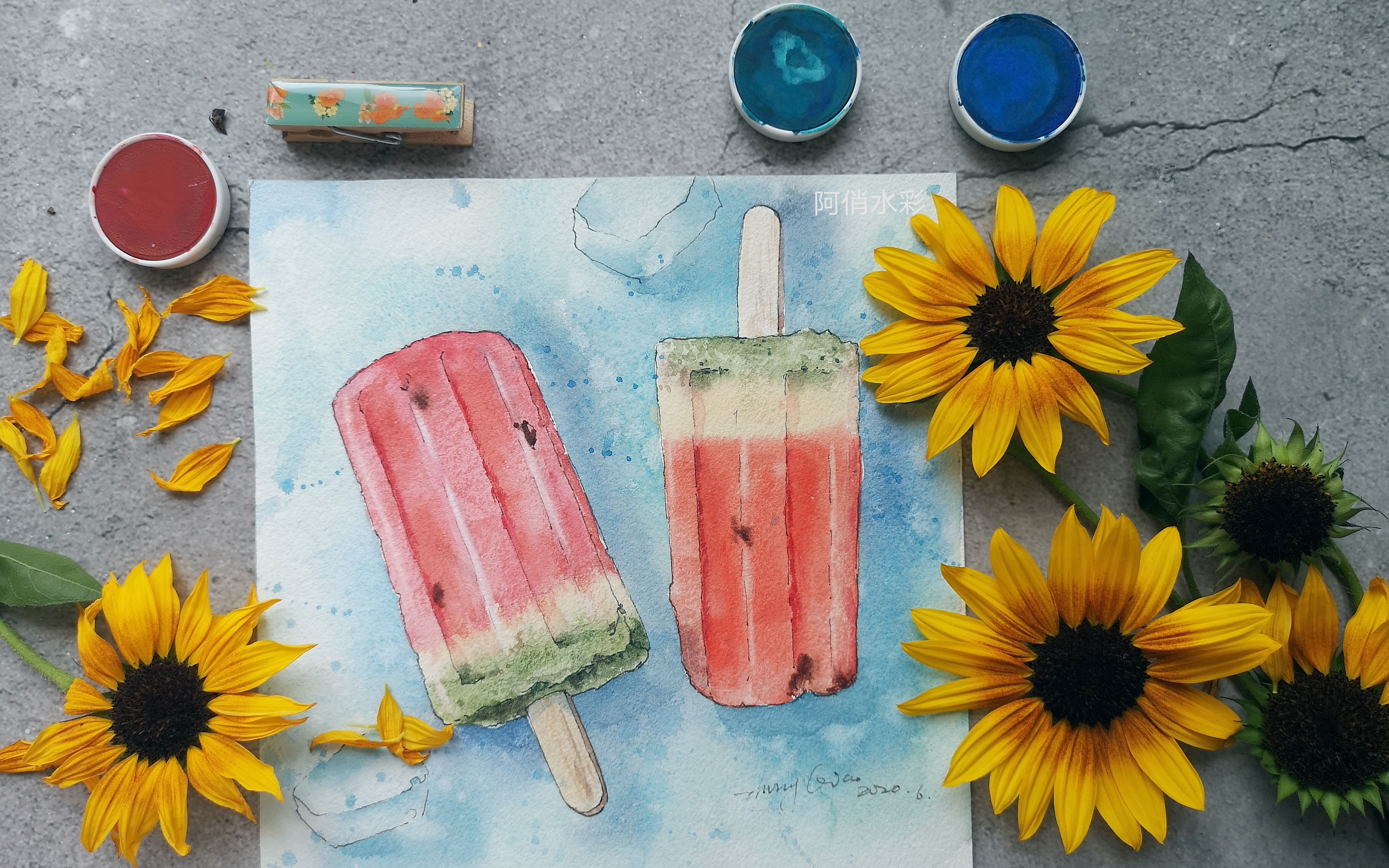 水彩教程~钢笔淡彩~夏天怎么少得了西瓜味冰棒