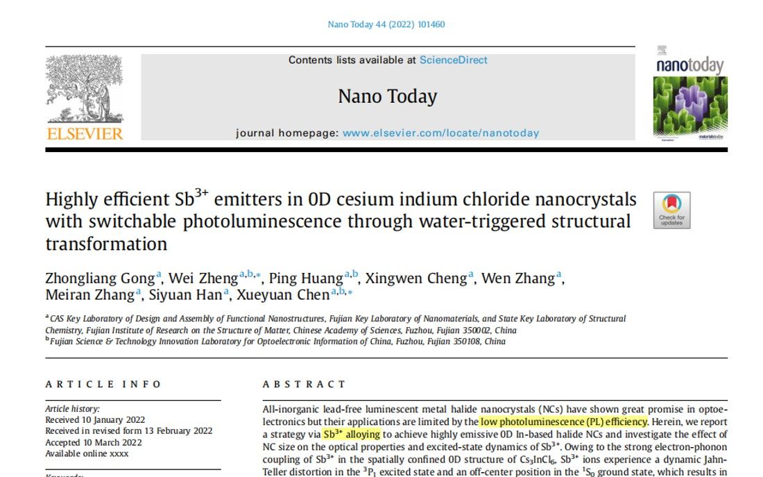 Nano TodaySb掺杂的Cs3InCl6非铅钙钛矿纳米晶:高效宽峰发光和水诱导发光红移哔哩哔哩bilibili