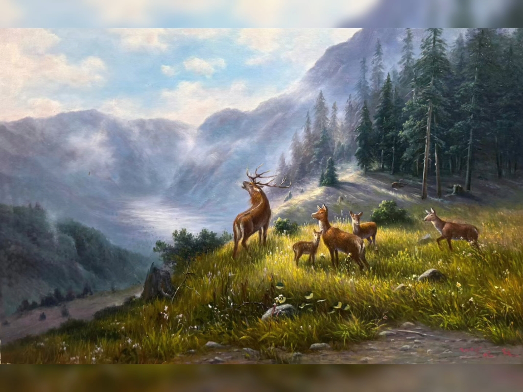 朝鲜油画《鹿衔繁花映瑞霞》,尺寸80/52厘米d