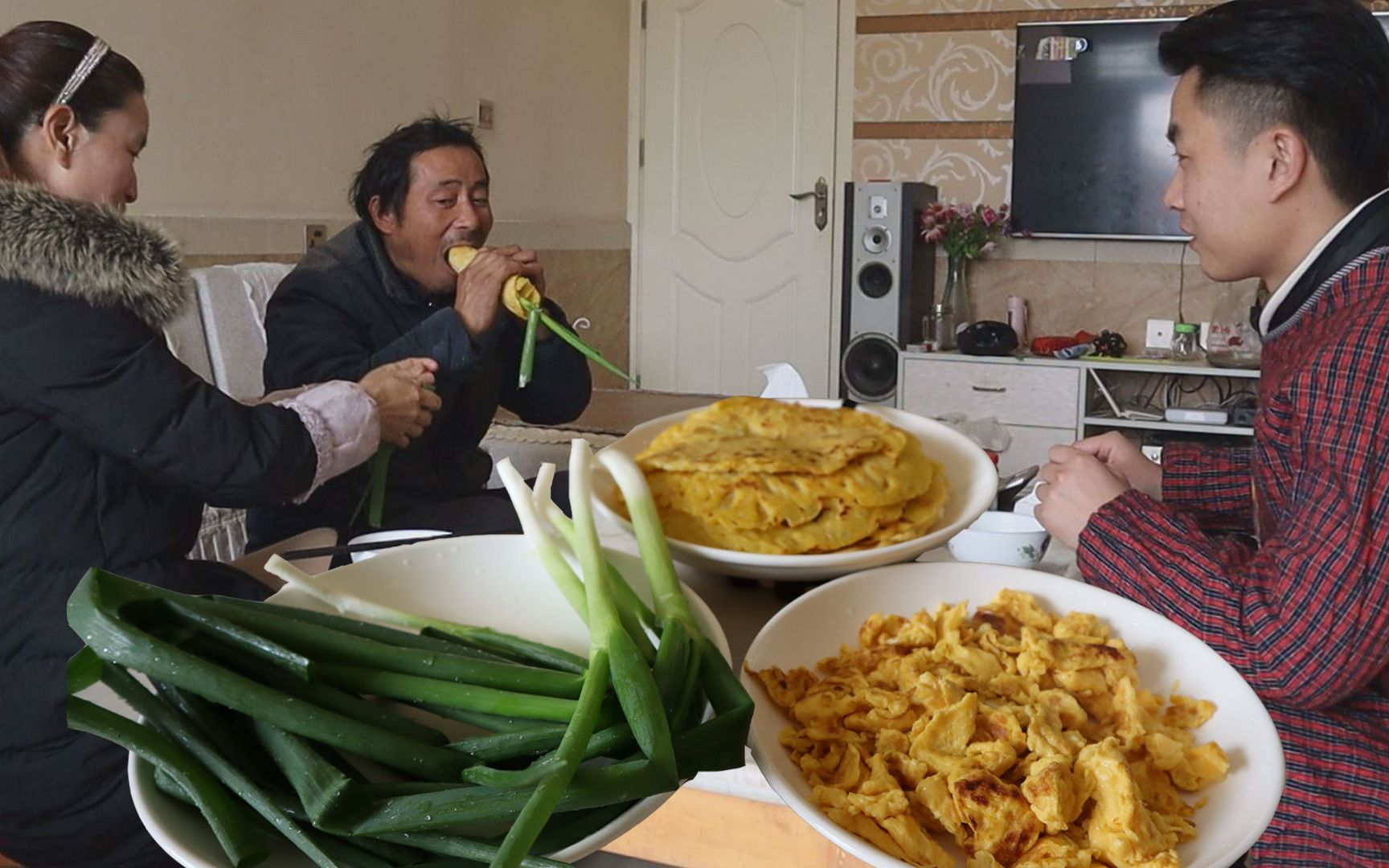今天吃大饼卷葱,老汉很喜欢这个,抱着饼猛啃,一口接一口吃得爽