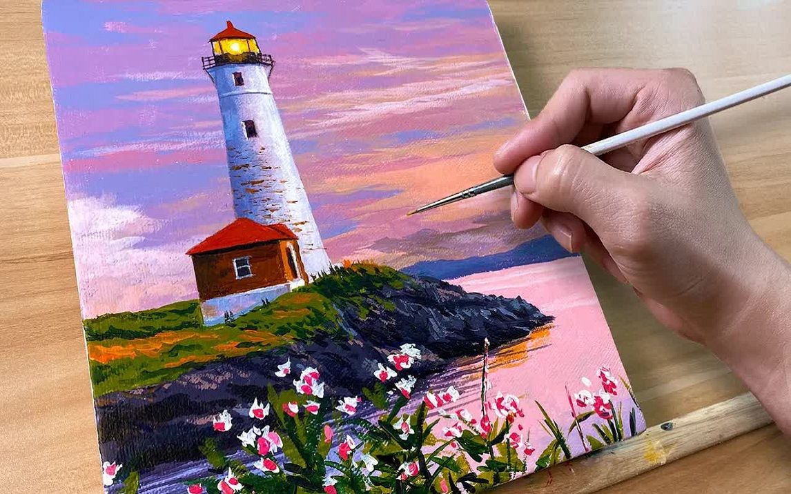 [图]【丙烯画】【绘画教程】【中字】灯塔-How to Paint Lighthouse Sunset