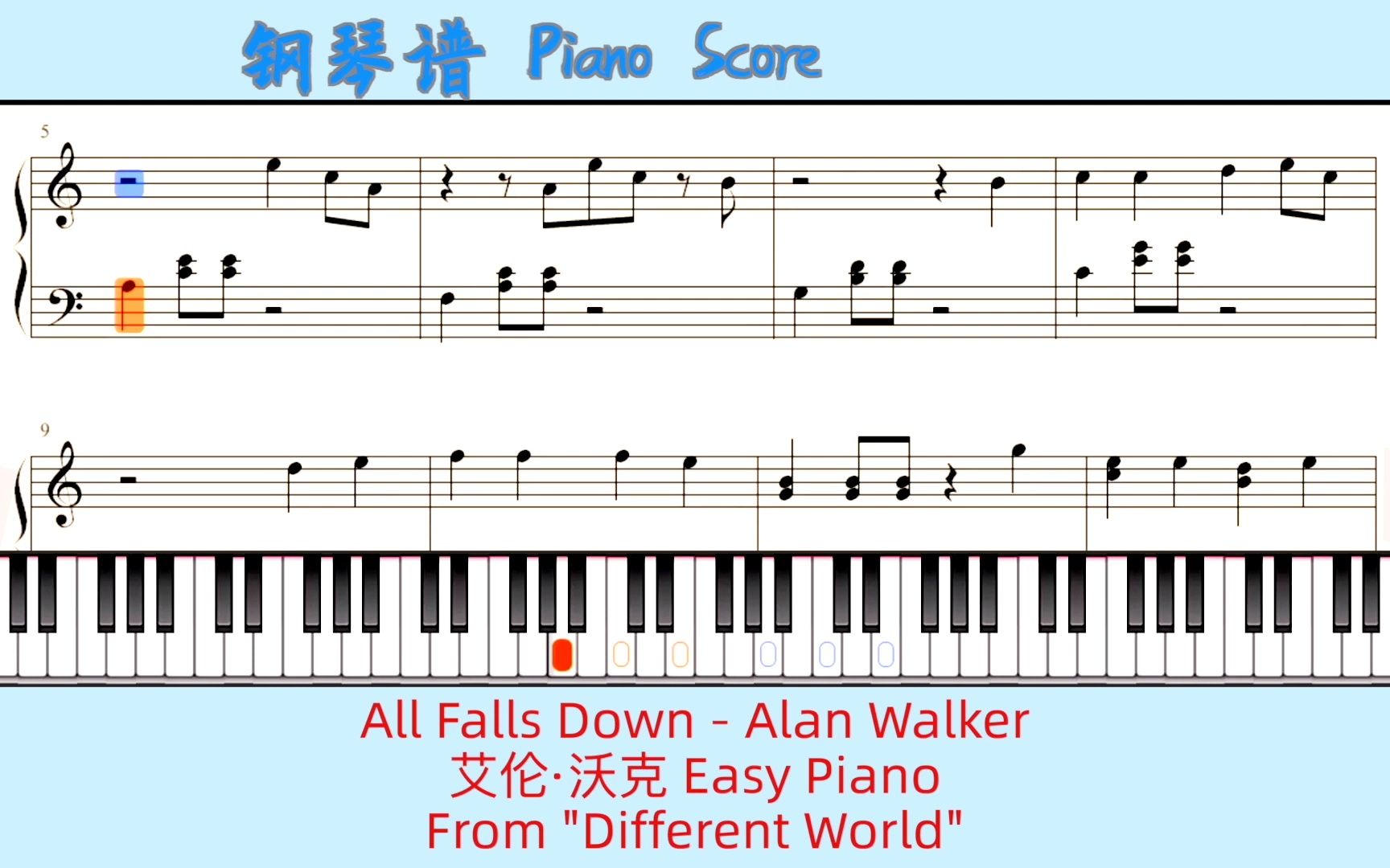 [图]All Falls Down - Alan Walker?Piano Score钢琴谱 指法?艾伦·沃克 Easy Piano?From  Differe