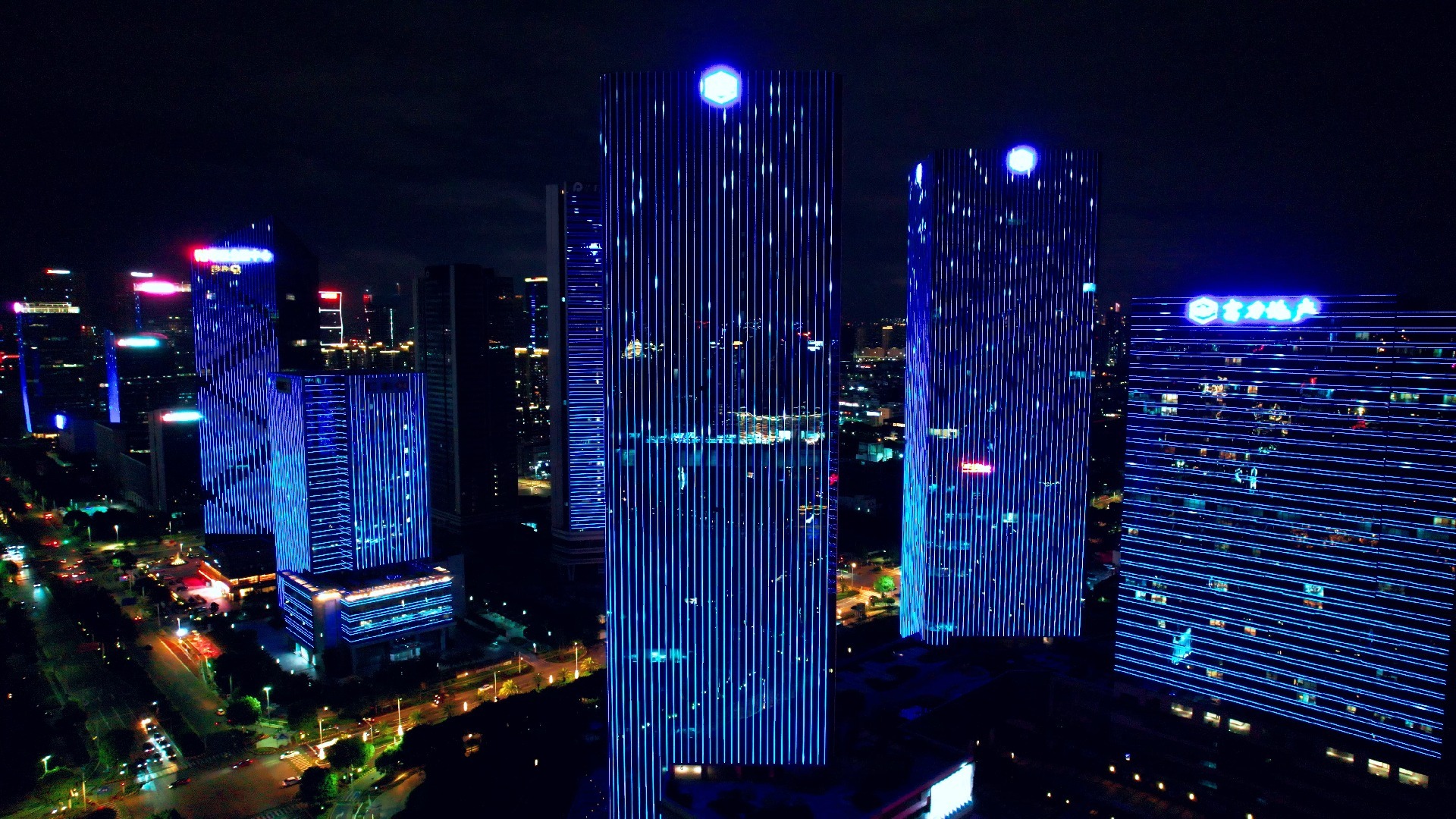 佛山千灯湖区域金融中心城市cbd建筑群夜景航拍