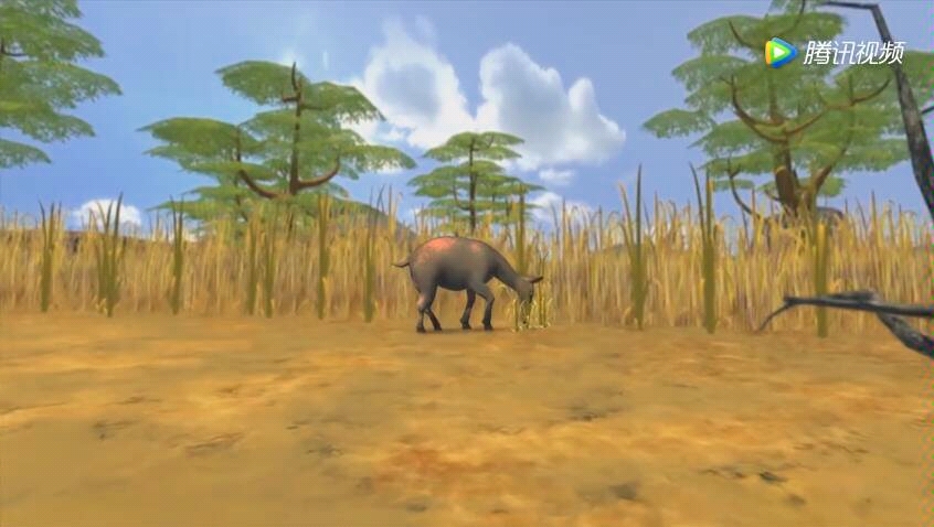 动画:冰河世纪剑齿虎与安氏中兽搏斗,剑齿虎凭长牙胜出,取得胜利.