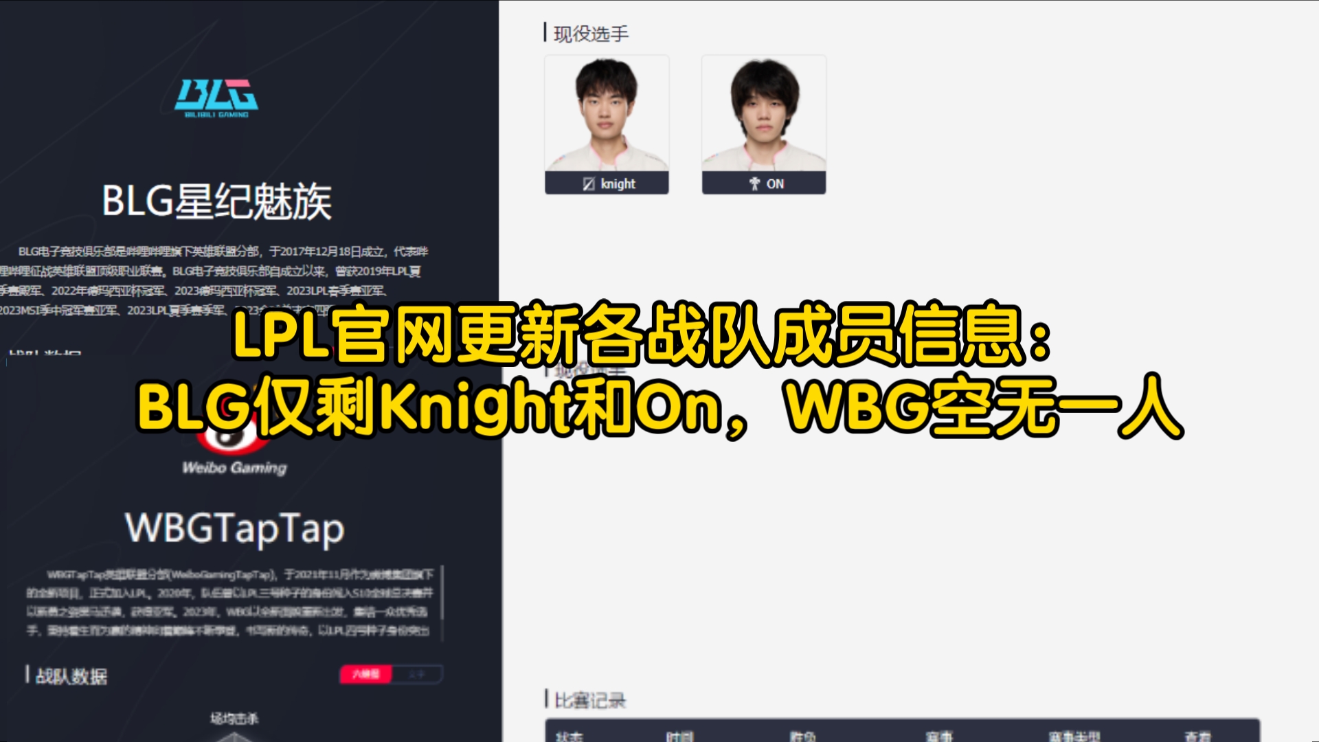 LPL官网更新各战队成员信息:BLG仅剩Knight和On,WBG空无一人英雄联盟