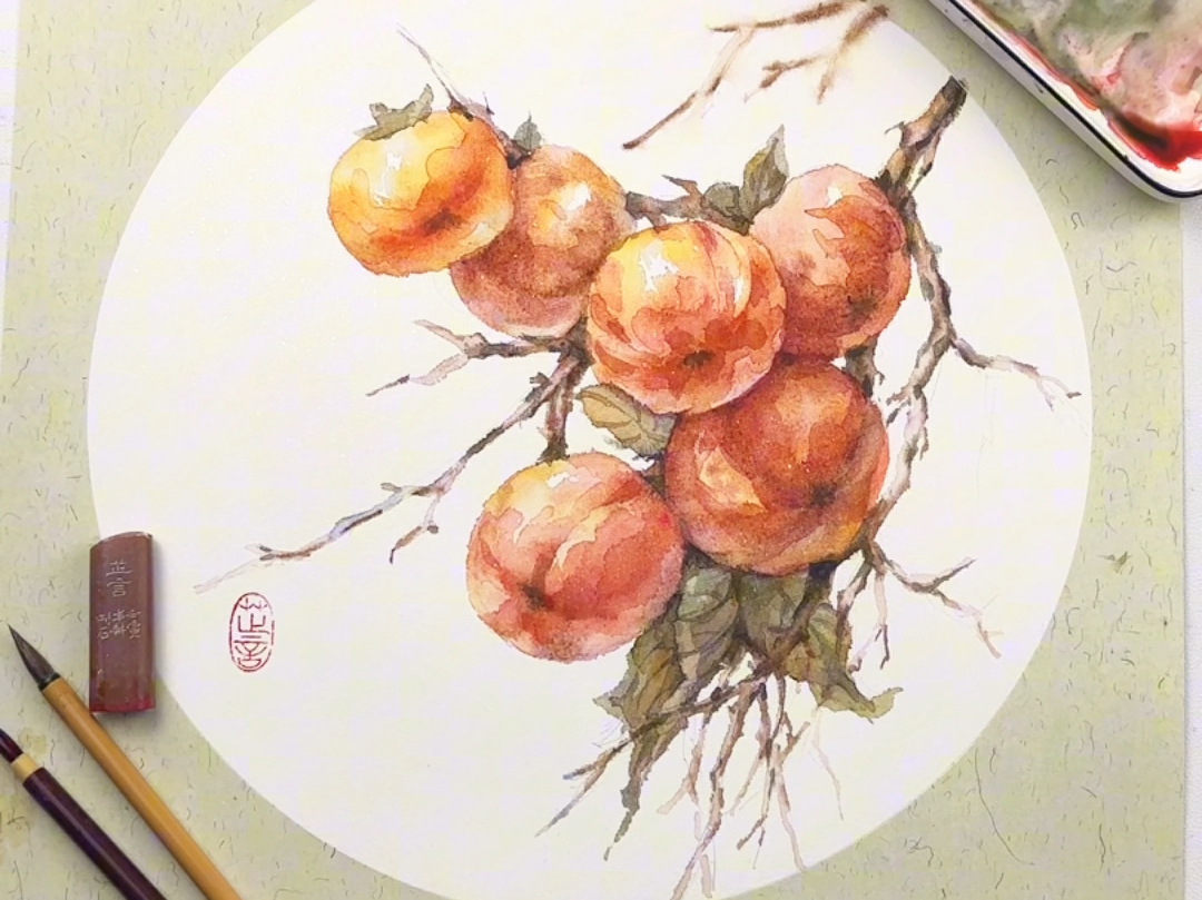 秋日国风水彩|柿柿如意