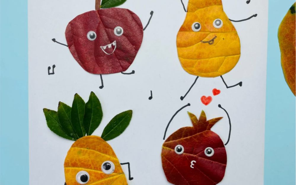 树叶贴画,快乐的水果
