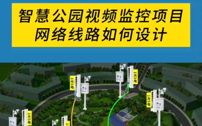 智慧公园视频监控项目网络线路如何设计,首先在监控立杆上安装室外配电箱,通过一光五电交换机连接摄像机,在光纤汇聚的地点安装落地机柜,将汇聚交...