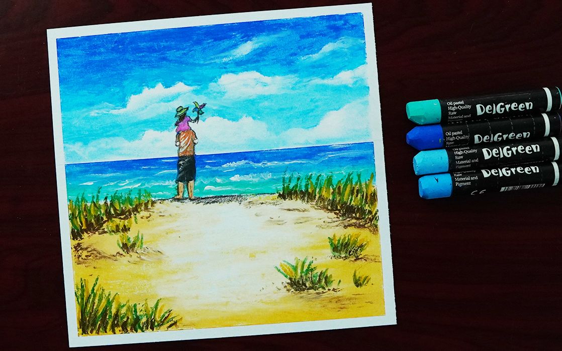 油画棒教你用油画棒绘制爸爸和女儿一起看海的风景画适合初学者绘画的