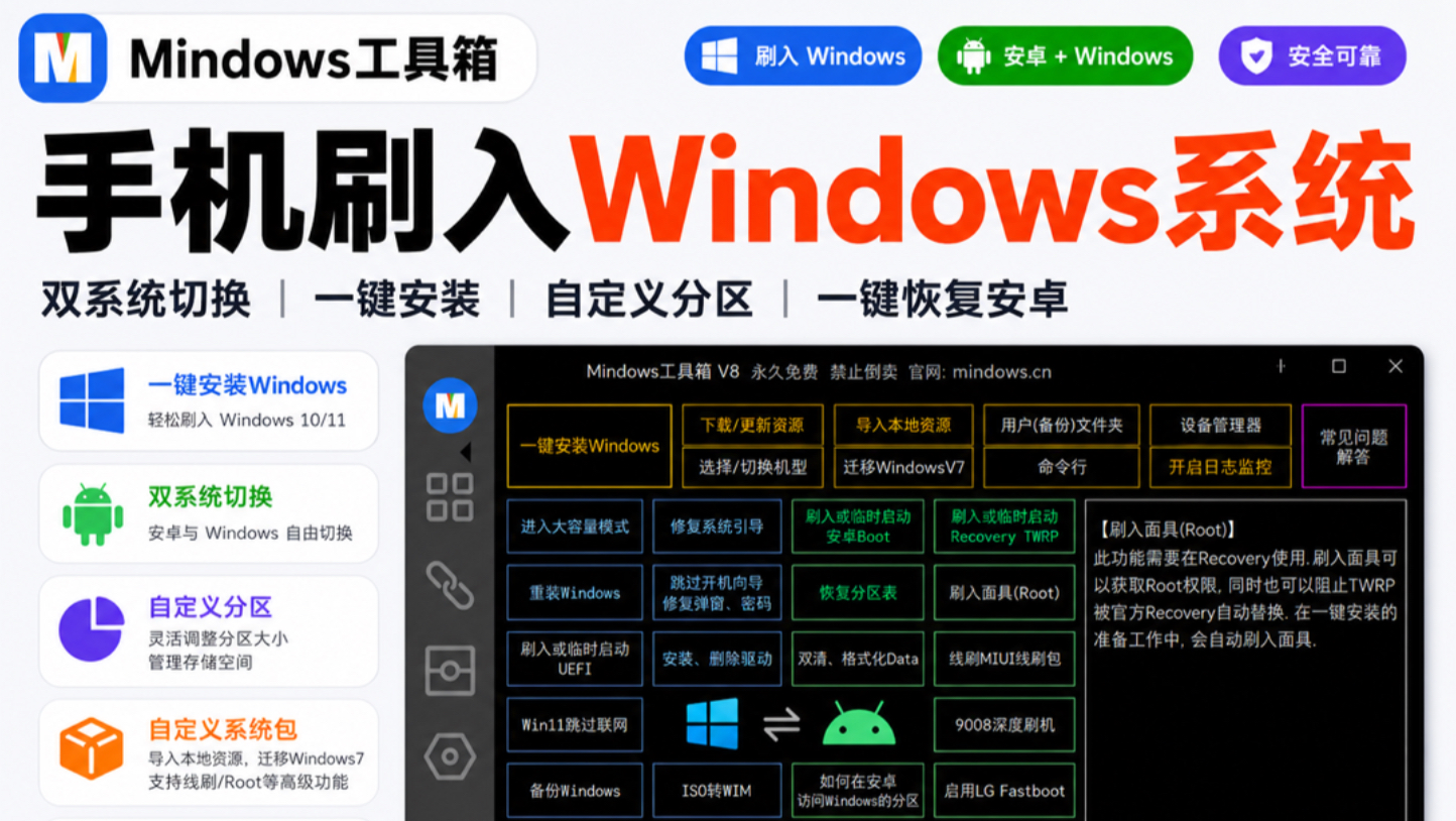 Mindows工具箱 一款可以将Windows系统刷入手机设备的刷机软件,支持双系统切换、一键安装、自定义系统包、分区大小自定义等软件
