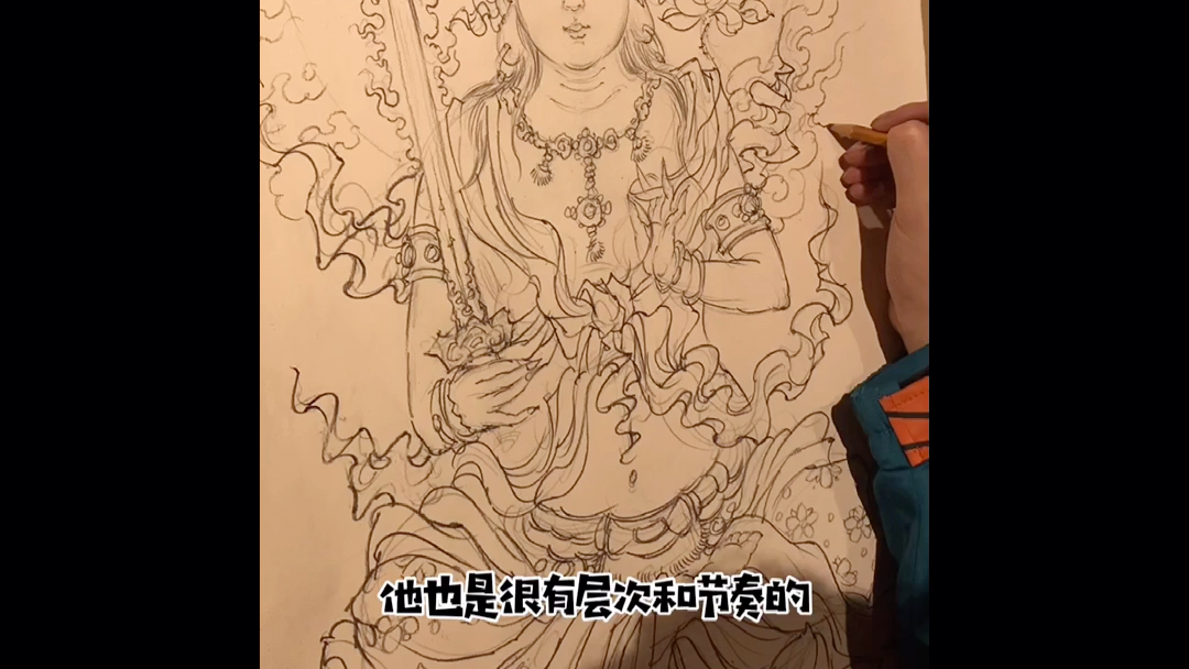 35分钟绘制客人定制手稿虚空藏菩萨画画纹身纹身手稿纹身教学画画教程